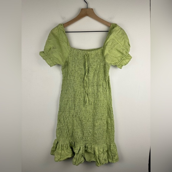 Faithful the Brand Cette Linen Lime Green Smocked Ruffled Mini Dress Sz L - Picture 3 of 8
